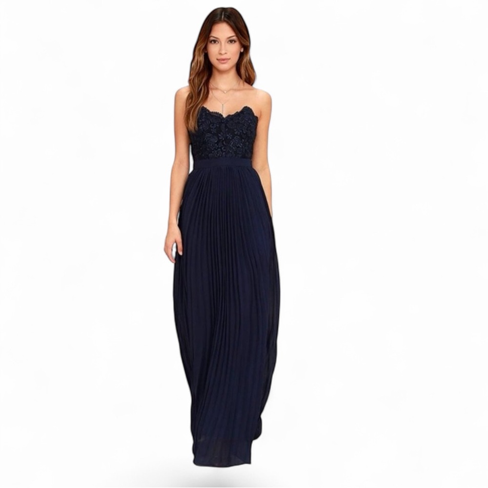 Lulus Maxi Dress Womens S Navy Blue Excellent Lace Bodice Pleated Formal Gown